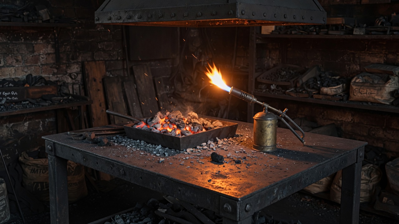 A torch held over a dark iron plate with banked coals